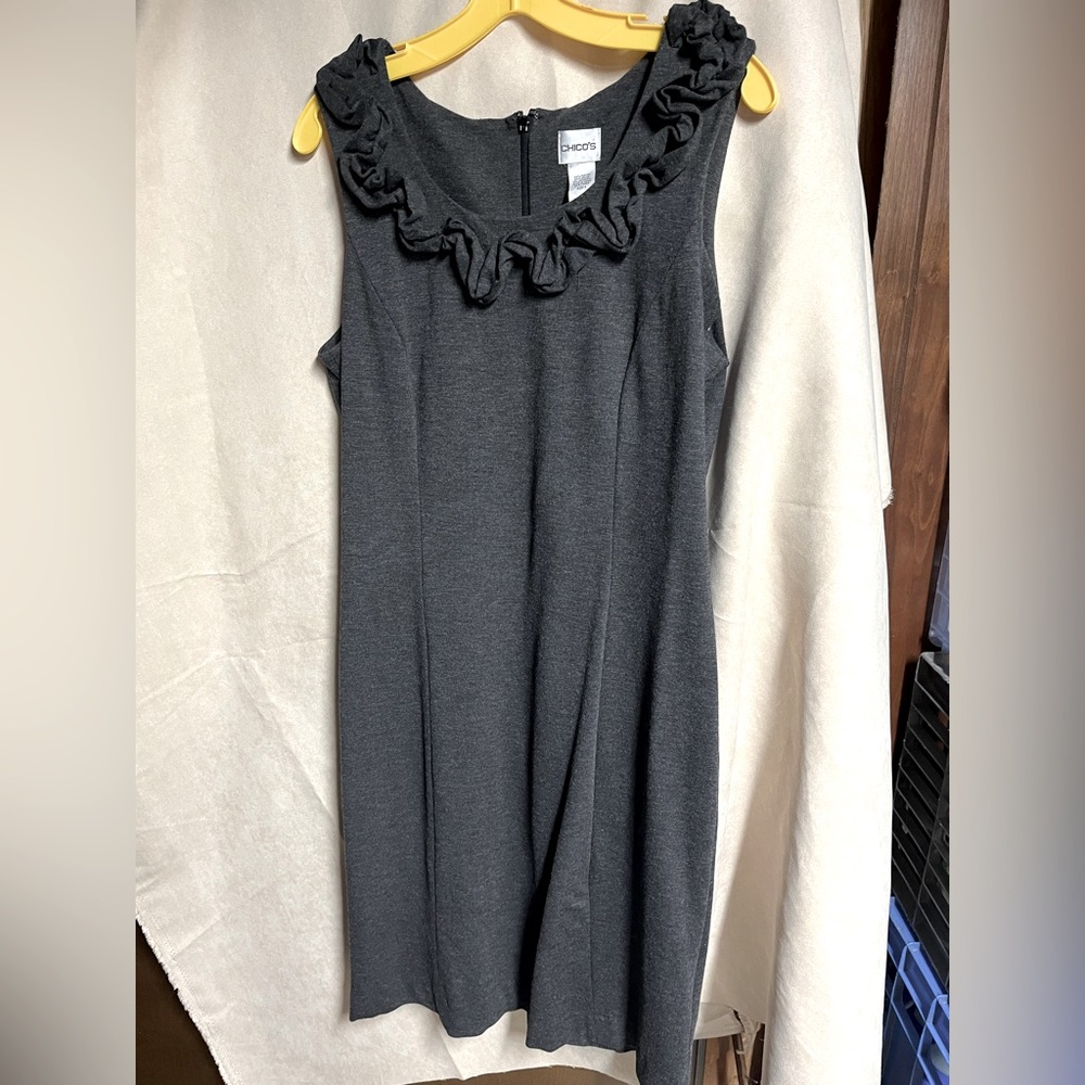 Chico’s Sleeveless Dress with ruffled beck line.  Size 2, Charcoal Gray
